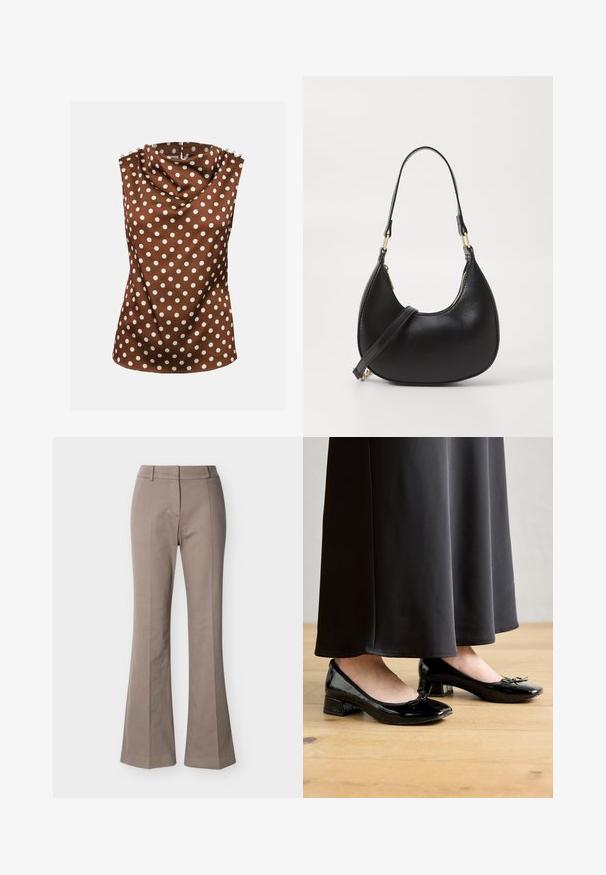 Ärmellose braune Bluse mit weißen Polka-Punkten, drapiertem hohem Ausschnitt und dekorativen Knöpfen auf den Schultern.; Beige High-Waist-Hosen mit weitem Bein, vorderen Nahtdetails, Gürtelschlaufen und einem verdeckten vorderen Verschluss, auf weißem Hintergrund dargestellt.; Schwarze lackierte Ballerinas mit einer Schleifenakzent, niedrigem Blockabsatz und runder Spitze, die mit einem langen schwarzen Rock auf einem Holzfußboden getragen werden.; Schwarze Lederhandtasche mit geschwungener Form, ausgestattet mit einem oberen Reißverschluss, einem kurzen Griff und einem abnehmbaren Schulterriemen. Goldene Hardware-Akzente.
