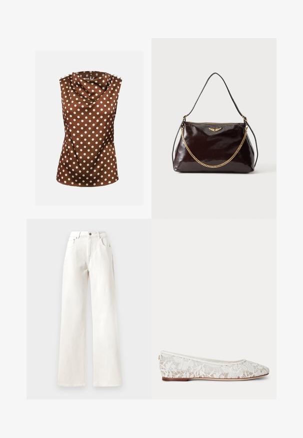 Blusa marrón sin mangas con lunares blancos, escote alto drapeado y botones decorativos en los hombros.; Pantalones de mezclilla blancos de pierna ancha, con cierre de botón, presillas para el cinturón y diseño de cinco bolsillos. Textura suave con costuras visibles.; Zapato plano de ballet de encaje blanco con estampado floral y suela fina marrón sobre fondo gris claro liso.; Bolso de mano de cuero marrón oscuro brillante con un emblema de ala dorada, detalle de cadena dorada y una fina correa de cuero para el hombro sobre un fondo liso.