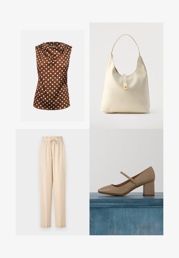 Blusa marrón sin mangas con lunares blancos, escote alto drapeado y botones decorativos en los hombros.; Pantalones ligeros beige con cintura elástica, detalle de cordón y diseño de pierna recta. Textura suave, estilo minimalista.; Zapato de salón de cuero beige con tacón ancho, punta redonda y una correa decorativa con una hebilla dorada. Textura suave, diseño minimalista.; Bolso hobo de cuero color crema con una sola correa para el hombro, textura suave y detalle de cierre metálico dorado en el frente.