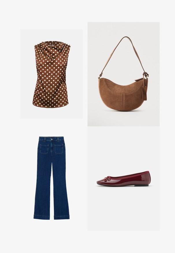 Ärmellose braune Bluse mit weißen Polka-Punkten, drapiertem hohem Ausschnitt und dekorativen Knöpfen auf den Schultern.; Dunkelblaue Denim-Jeans im Schlagstil mit glatter Textur, Fünf-Taschen-Design und einem Knopfverschluss an der Taille.; Ballettschuhe aus glänzendem burgunderfarbenem Lackleder, mit einer runden Zehe, einer dekorativen Schleife und einer niedrigen schwarzen Sohle.; Braune Wildleder-Handtasche mit geschwungener, halbmondförmiger Form. Verfügt über einen Schulterriemen, ein kleines Etikett und sichtbare Nähte entlang der Kanten.