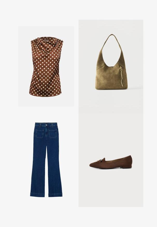 Mouwloze bruine blouse met witte polkadots, gedrapeerde hoge halslijn en decoratieve knopen op de schouders.; Donkerblauwe denim flared jeans met een gladde textuur, vijf zakken en een knoopsluiting aan de taille.; Bruine platte schoen met puntige neus en decoratief gespdetail bovenop, tegen een effen lichte achtergrond.; Schoudertas van olijfgroen suède met een enkele riem, afgeronde bovenrand en een decoratieve kwast met gouden bedel aan de voorkant.