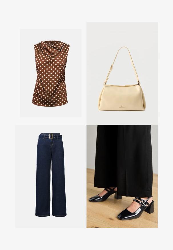 Mouwloze bruine blouse met witte polkadots, gedrapeerde hoge halslijn en decoratieve knopen op de schouders.; Donkerblauwe wijde denim broek met gestikte zakken en een bijpassende riem met een grote rechthoekige gouden gesp.; Zwarte patenten leren slingback schoenen met vierkante neuzen, voorzien van dubbele verstelbare enkelbandjes en blokhakken. Gladde, glanzende afwerking.; Beige rechthoekige schoudertas met verstelbare riem en ritssluiting, met een klein "Anna Field" logo middenvoor.