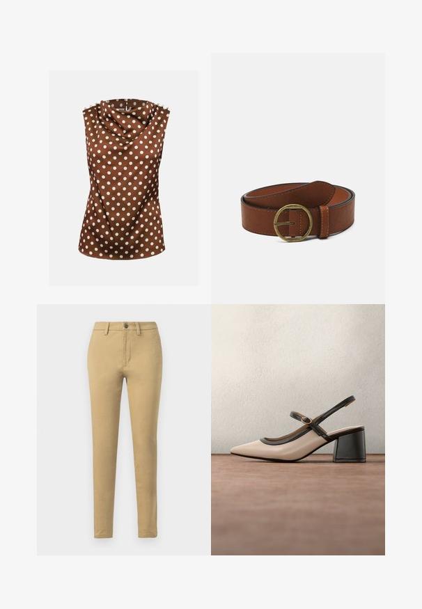 Blouse marron sans manches avec des pois blancs, col haut drapé et boutons décoratifs aux épaules.; Chinos kaki en tissu en mélange de coton, à coupe slim, avec passants de ceinture, poches avant et fermeture à un bouton.; Chaussure beige à talons hauts avec bride arrière, bout pointu, bordure noire et détail boucle. Matériau lisse à finition mate, talon moyen épais.; Ceinture en cuir marron avec une boucle en laiton ronde, présentant une texture lisse et des coutures contrastées le long des bords.