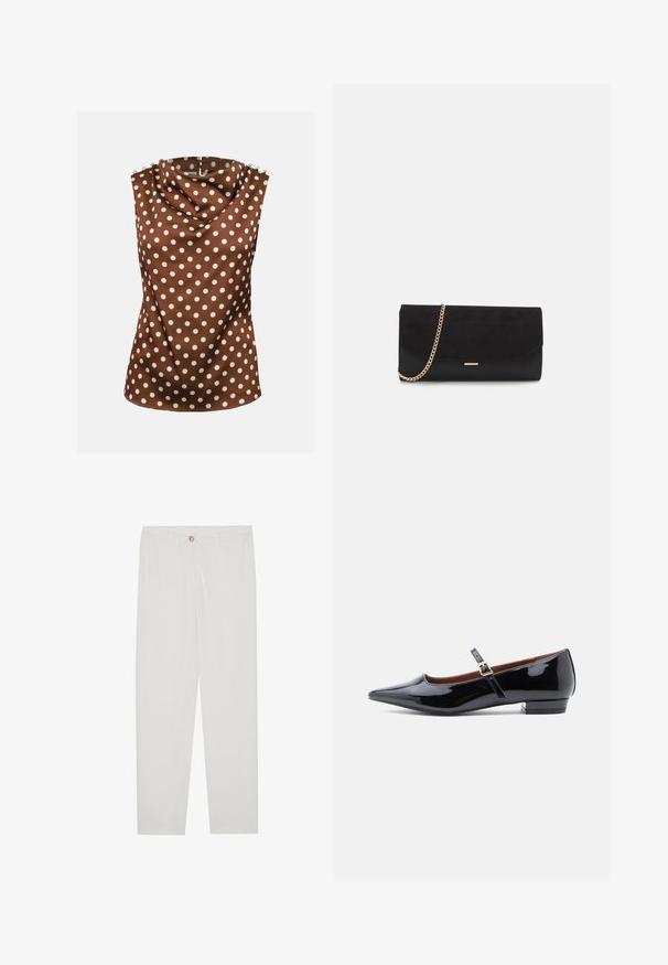 Blusa marrón sin mangas con lunares blancos, escote alto drapeado y botones decorativos en los hombros.; Pantalones blancos, ajustados, con un diseño de pierna recta, que cuentan con un cierre de botón, lazos para cinturón y bolsillos laterales; textura de tela suave.; Zapato plano Mary Jane de charol negro con punta afilada y tacón bajo, con una correa ajustable y hebilla dorada.; Bolso de mano negro hecho de ante con un acabado texturizado, que presenta una cadena dorada y un diseño elegante y angular.