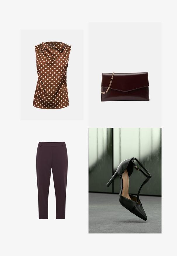 Blouse marron sans manches avec des pois blancs, col haut drapé et boutons décoratifs aux épaules.; Pantalon violet foncé avec une coupe droite, longueur raccourcie et tissu lisse. Il possède une taille plate et aucun système de fermeture visible.; Chaussure à talon haut en cuir noir avec bout pointu et bride à la cheville, suspendue au-dessus d'une surface grise avec des panneaux en verre dépoli en arrière-plan.; Sac à main en cuir de couleur bordeaux foncé avec un design en forme d'enveloppe. Il dispose d'une anse en chaîne dorée, d'une texture lisse et d'une fermeture en pointe.