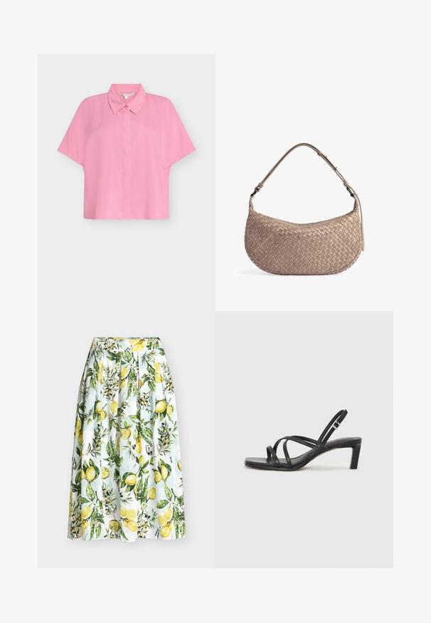 Blouse à manches courtes de couleur rose pâle avec col pointu et patte de boutonnage dissimulée sur fond uni clair.; Jupe blanche plissée avec un motif de citrons jaunes, de feuilles vertes et de petites fleurs blanches, créant un look frais et botanique.; Sandale noire à lanières avec un bout carré et un petit talon bloc. Elle présente plusieurs fines lanières et une sangle de cheville ajustable. Fabriquée en cuir lisse.; Sac à épaule en cuir tissé beige avec une forme arrondie et une bandoulière réglable, doté d'une fermeture éclair sur un côté.