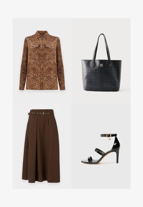 Leopardprintskjorte med krave, lange ærmer og to brystlommer. Lavet af blødt stof i brune, sorte og beige nuancer.; Mørkebrun A-formet midilængde nederdel med høj talje, plisseringer, bæltestropper og matchende bælte med sølvspænde.; Sorte patenterede lædersandaler med tre stropper, ankelspænde og 10 cm stiletthæl. Har detaljer i guld og et logo charms.; Sort tekstureret lædertaske med to håndtag, diskret mønstret logo, central lodret stribe og en lille metalplade med mærket.