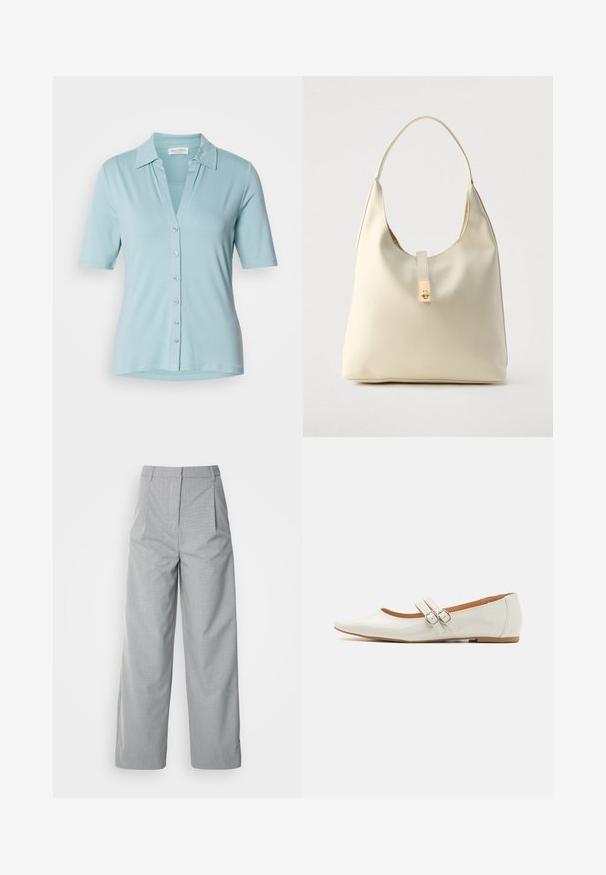 Chemise collerette à manches courtes bleu clair avec un col en V et une fermeture à boutons, fabriquée dans un tissu doux. Présente une texture lisse et une coupe décontractée.; Pantalons larges gris en tissu texturé, avec une taille haute, des plis à l'avant et une coupe droite jusqu'à l'ourlet.; Ballerines en cuir verni blanc avec un bout pointu, deux sangles décoratives avec des boucles en argent, et une semelle marron discrète.; Sac hobo en cuir couleur crème avec une seule bandoulière, texture lisse et un détail de fermoir doré à l'avant.