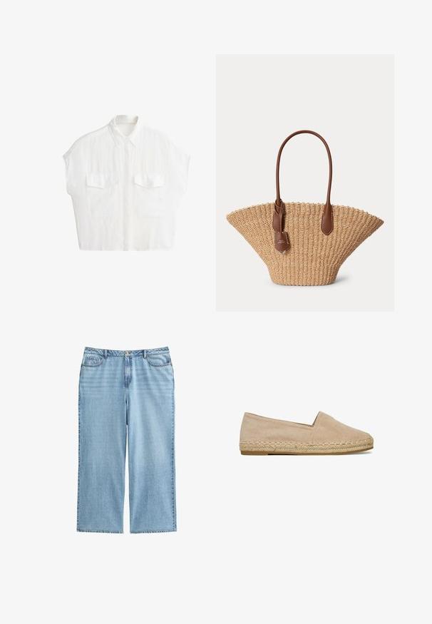Wit overhemd met korte mouwen, knopen, kraag en twee voorzakken met klep, afgebeeld tegen een effen witte achtergrond.; Lichtblauwe denim culottes met een hoge taille, brede benen en een vijf-pocket ontwerp met contrasterende stiksels en een knoopsluiting.; Beige suède espadrille plat met gevlochten jutezool en instapmodel, zijaanzicht op witte achtergrond.; Geweven strooien tote tas met brede waaiervorm en bruine leren handvatten en label, tegen een effen lichte achtergrond.