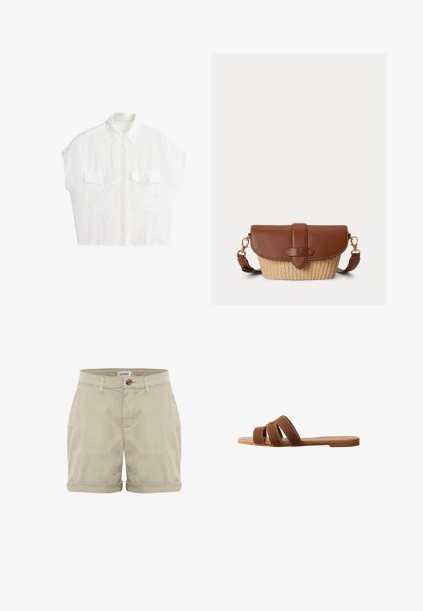 Hvid kortærmet skjorte med knapper og krave samt to forlommer med klap, vist på en ensfarvet hvid baggrund.; Beige bomuldsshorts med oprevet kant, med en frontknaplukning og syede lommer. Glat tekstur med minimal dekoration.; Brun ruskindssandal med tre overlappende remme, en flad sål og kontrasterende hvide syninger på remmene som detalje.; Brun læder og flettet stråskuldertaske med klaplåg og justerbar rem med guldtonet spænde.