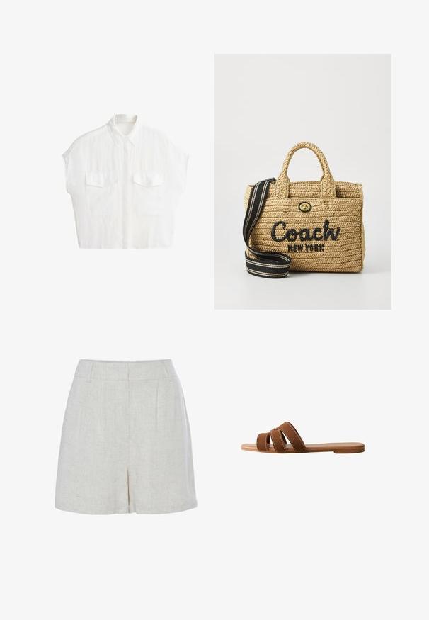 Wit overhemd met korte mouwen, knopen, kraag en twee voorzakken met klep, afgebeeld tegen een effen witte achtergrond.; LASCANA SHORTS - Shorts - sand; Bruine suède slippersandaal met drie overlappende bandjes, een platte zool en contrasterende witte stiksels op de bandjes voor detail.; Geweven rieten handtas met dubbele handvatten bovenaan, zwart geborduurd "Coach New York" logo, gouden hardware en een afneembare gestreepte schouderriem.