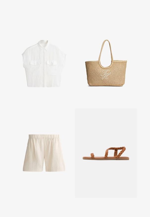 Chemise blanche à manches courtes avec boutons, col et deux poches avant à rabat, présentée sur un fond blanc uni.; Shorts en lin beige avec taille élastique et ourlets droits, conçus pour un usage décontracté.; Anna Field by Zalando Sandales - cognac; Sac cabas tissé en paille beige avec poignées arrondies et initiales brodées en cursive blanche au centre devant.