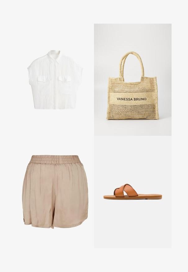 Chemise blanche à manches courtes avec boutons, col et deux poches avant à rabat, présentée sur un fond blanc uni.; Shorts légers beiges en tissu avec une taille élastique et une coupe ample, présentant une texture lisse et un ourlet arrondi.; Sandale diapositive en cuir marron avec des lanières croisées, semelle plate, texture lisse et caractéristiques de design minimaliste pour un usage décontracté.; Sac fourre-tout tissé beige avec deux poignées et "VANESSA BRUNO" imprimé en noir sur un panneau tissé solide au centre.
