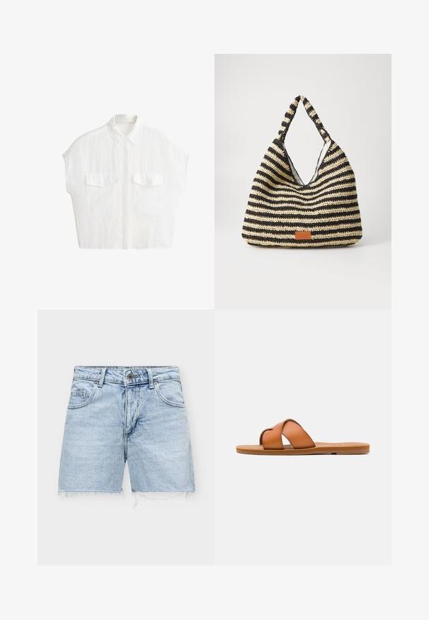 Chemise blanche à manches courtes avec boutons, col et deux poches avant à rabat, présentée sur un fond blanc uni.; Short en denim bleu clair avec ourlets effilochés, bouton à l'avant, fermeture éclair et poches avant et arrière.; Sandale diapositive en cuir marron avec des lanières croisées, semelle plate, texture lisse et caractéristiques de design minimaliste pour un usage décontracté.; Sac tissé rayé en noir et beige, avec un design décontracté, une surface texturée et une petite pièce en cuir en accent.