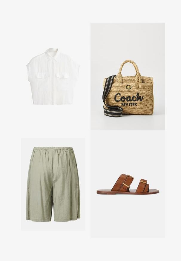 Chemise blanche à manches courtes avec boutons, col et deux poches avant à rabat, présentée sur un fond blanc uni.; Shorts vert clair à coupe ample avec une taille élastique et une texture subtile froissée.; Sandales mules en cuir marron avec deux brides réglables, boucles dorées et semelle plate en bois.; Sac en paille tressée avec deux poignées supérieures, logo brodé noir "Coach New York", quincaillerie dorée et une bandoulière rayée amovible.