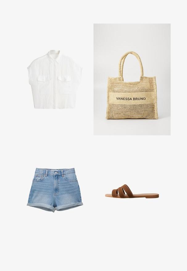 Weißes Kurzarmhemd mit Knöpfen, Kragen und zwei aufgesetzten Vordertaschen, dargestellt auf einem schlichten weißen Hintergrund.; Jeans Shorts in hellem Blauton, hochgeschlossen mit Knopfverschluss, fünf Taschen und umgeschlagenen Säumen. Glatte Textur, klassisches Design.; Braune Wildleder-Sandale mit drei überlappenden Riemen, einer flachen Sohle und kontrastierenden weißen Nähten auf den Riemen als Detail.; Beige gewebte Tragetasche mit zwei Griffen und "VANESSA BRUNO" in Schwarz auf einem einfarbigen gewebten Feld in der Mitte aufgedruckt.