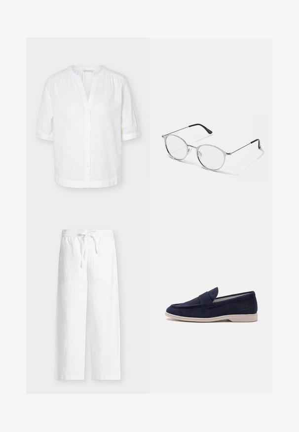 Hvid kortærmet bluse med mandarinhals, knapper foran og let rynkede skuldre og manchetter.; Hvide bukser med vide ben, elastisk talje, snøre og to store forlommer på en lys baggrund.; Marineblå suede loafers med rund tå og syet detaljering. Har en polstret tunge og en lys beige gummisål for komfort.; Metallic sølvbriller med runde linser og en tynd ramme. Sorte tempelspidser giver kontrast. Justerbare næsepuder medfølger.