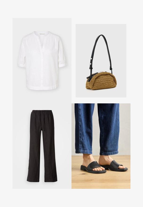 Blusa blanca de manga corta con cuello mandarín, cierre frontal de botones y ligeros fruncidos en los hombros y puños.; Pantalones negros, holgados, con cintura elástica y cordón ajustable. Están hechos de una tela ligera con una textura suave y pierna recta.; Sandalias planas negras hechas de material suave, con punta abierta y una banda superior ancha, colocadas sobre unos pantalones de mezclilla oscuros de corte recto.; Pequeño bolso tejido de color tostado con forma curva, correa de cuero negra ajustable y cierre de cremallera plateada.