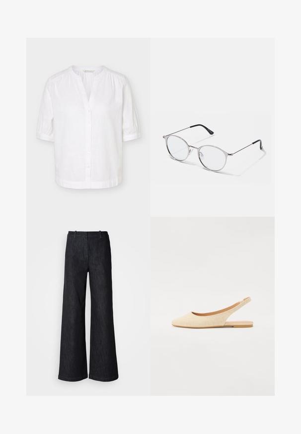 Witte blouse met korte mouwen, mandarijnkraag, knoopsluiting aan de voorkant en lichte plooitjes op de schouders en manchetten.; Zwarte wijde denimbroek met een gestructureerde afwerking, voorzien van taillebandlussen en een nette zoom. Klassiek ontwerp, geschikt voor verschillende gelegenheden.; Beige slingback flats met een puntige neus, gemaakt van textuurstof, met een lage, flexibele zool en een open hielontwerp.; Metalen zilveren bril met ronde glazen en een dunne montuur. Zwarte tempeltips bieden contrast. Inclusief verstelbare neuspad.