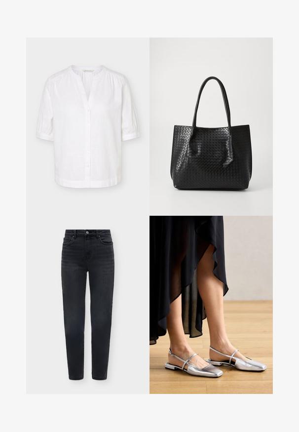 Blouse blanche manches courtes à col mandarin, boutonnée sur le devant, avec légères fronces aux épaules et aux poignets.; Jean skinny noir taille haute avec fermeture par boutons, poches avant et arrière, et design sobre sur fond neutre.; Chaussures plates métalliques argentées avec un design à bout carré, une lanière arrière et des accents découpés. Texture lisse sur un sol en bois.; Sac de tote en cuir tressé noir avec deux poignées, forme structurée et finition légèrement brillante sur un fond clair.