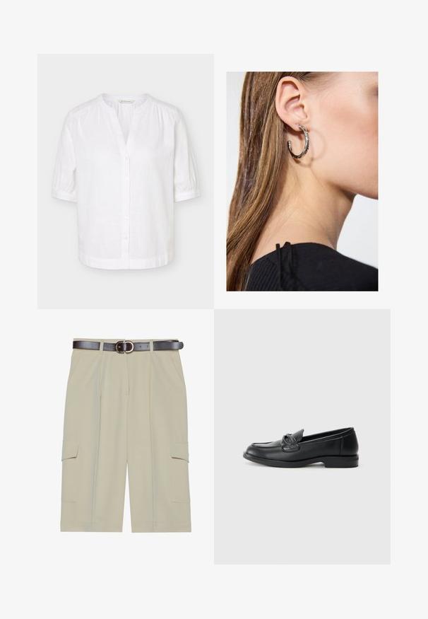 Witte blouse met korte mouwen, mandarijnkraag, knoopsluiting aan de voorkant en lichte plooitjes op de schouders en manchetten.; Beige cargoshorts met een ontspannen pasvorm, voorzien van twee zijzakken en een bruine riem met een ronde gesp, gladde stoftextuur.; Zwarte leren loafers met een ronde neus, een gestikt ontwerp en een strikaccent op de bovenkant. Lage blokhak en een gladde textuur.; Zilveren oorbel met een gepolijste afwerking, met kleine gouden accentdetails en een ronde vorm, gedragen op de oorlel.