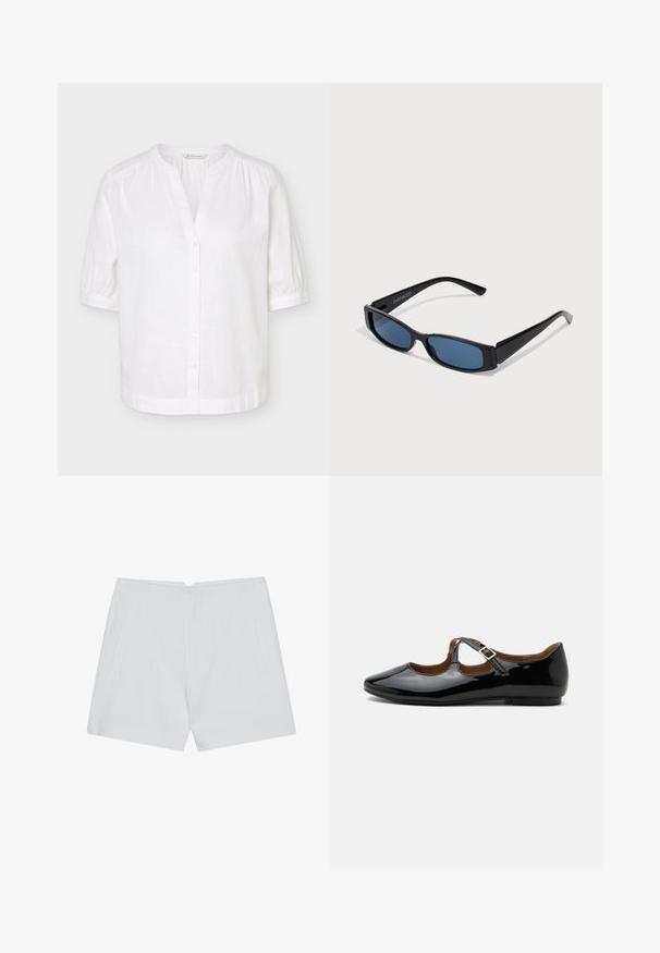 Hvid kortærmet bluse med mandarinhals, knapper foran og let rynkede skuldre og manchetter.; Hvide shorts med et skræddersyet design, flad front, to sidelommer og en ren kant. Fremstillet af et glat stof uden synlige mønstre.; Sort laklæder Mary Jane-flad sko med to udskæringer og en guldbuckelrem på hvid baggrund.; Sorte solbriller med en slank rektangulær ramme og blå linser. Har en glat overflade og robuste stænger. Mærkets logo på siden.