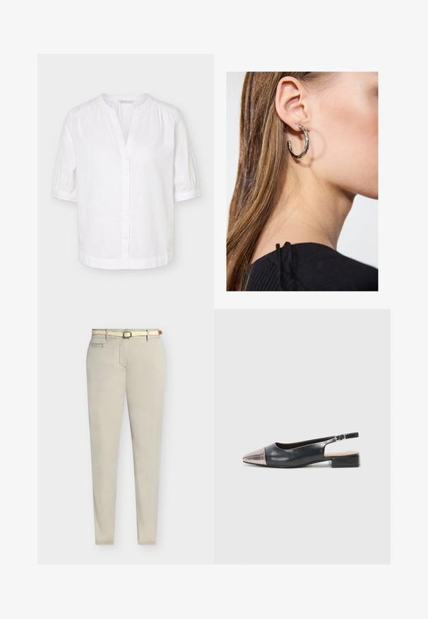 Blouse blanche manches courtes à col mandarin, boutonnée sur le devant, avec légères fronces aux épaules et aux poignets.; Pantalon beige ajusté avec poches avant et ceinture tissée beige avec un petit détail en cuir marron à la taille.; Des chaussures slingback avec une tige en cuir noir, un bout pointu en métal rose doré et un petit talon carré. Texture lisse avec un design courbé.; Boucle d'oreille en argent avec une finition polie, présentant de petits détails en or et de forme ronde, portée sur le lobe.