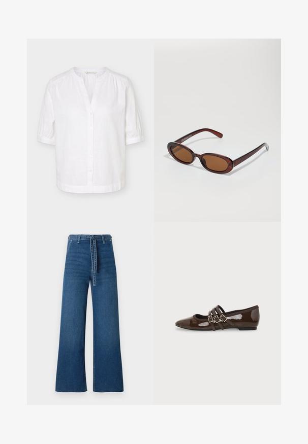 Biela krátka blúzka s mandarínskym golierom, zapínaním na gombíky vpredu a miernym riasením na ramenách a manžetách.; TOM TAILOR DENIM TTMIJA CULOTTE FIT - Zvonové džínsy - used mid stone blue denim; Hnedá lakovaná balerína s špicatou špičkou a tromi nastaviteľnými prackami na boku, zobrazená z vonkajšieho profilu.; Okrúhle slnečné okuliare s hnedým nádychom a lesklým burgundským rámom. Úzke ramená s jemným brandovaním. Plochej šošovky dizajn.