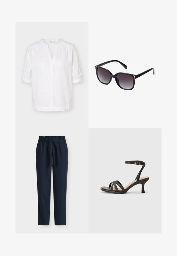 Blouse blanche manches courtes à col mandarin, boutonnée sur le devant, avec légères fronces aux épaules et aux poignets.; Pantalon bleu marine taille haute avec taille paperbag et ceinture en tissu nouée en nœud devant.; Sandales à talons noirs avec plusieurs fines lanières sur le bout, une seule lanière à la cheville avec une boucle dorée, et un bout carré.; Lunettes de soleil noires avec des verres gris dégradés, monture carrée surdimensionnée avec des détails dorés aux coins, et branches noires élégantes.
