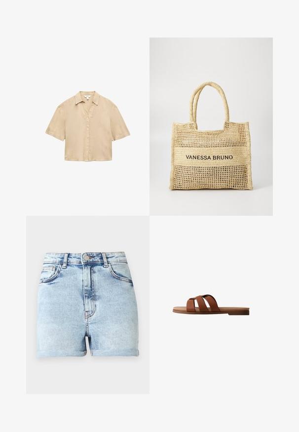 Camisa beige de manga corta con botones y cuello, hecha de tela ligera, mostrada sobre un fondo blanco.; Pantalones cortos de mezclilla azul claro con cintura alta, cinco bolsillos y dobladillos enrollados. Presenta un sutil desvanecimiento y herrajes en tono cobre.; Sandalia plana marrón con tres amplias correas de cuero que cruzan el pie y una suela ligeramente elevada en el talón.; Bolso tote tejido en color beige con dos asas y "VANESSA BRUNO" impreso en negro sobre un panel tejido sólido en el centro.