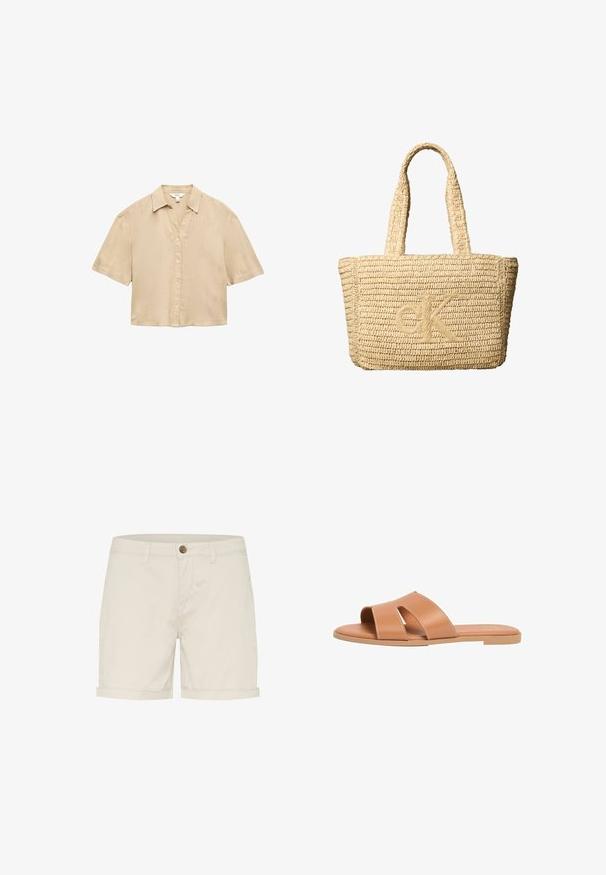 Beiges kurzärmeliges Hemd mit Kragen aus leichtem Stoff, vor weißem Hintergrund dargestellt.; Helle beige Baumwollshorts mit Knopfverschluss, umgeschlagenen Säumen und Seitentaschen. Glatte Textur und maßgeschneiderte Passform für Komfort.; Beige Sandale mit breiten Leder-Riemen und Ausschnitt-Design, flacher Sohle und offenem Zehenbereich, seitlich auf weißem Hintergrund gezeigt.; Beige gewebte Tragetasche mit zwei Griffen und einem erhobenen "ck"-Logo, das in der vorderen Mitte aufgestickt ist.