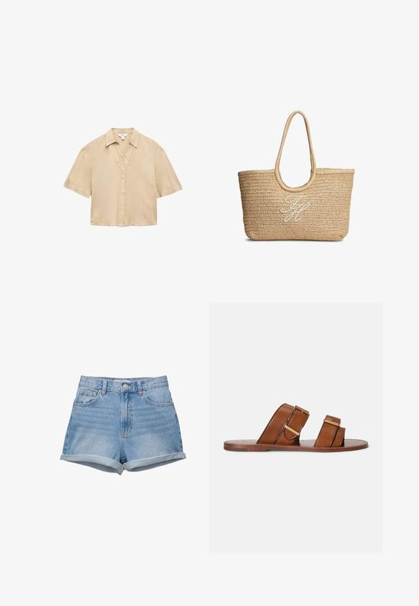 Chemise beige à manches courtes avec col, en tissu léger, présentée sur un fond blanc.; Shorts en denim de lavage bleu clair, taille haute avec une fermeture à bouton, cinq poches et ourlets repliés. Texture lisse, design classique.; Sandales mules en cuir marron avec deux brides réglables, boucles dorées et semelle plate en bois.; Sac cabas tissé en paille beige avec poignées arrondies et initiales brodées en cursive blanche au centre devant.