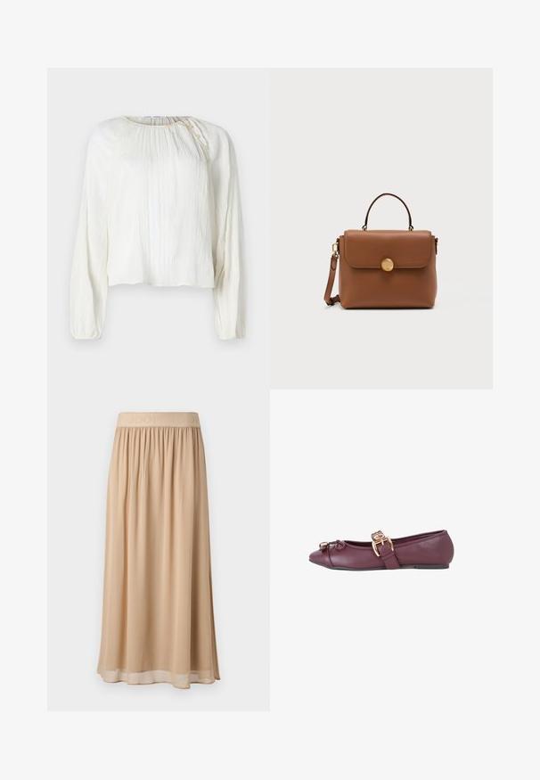Lichte, crèmekleurige blouse met lange mouwen, gestructureerde stof, ronde hals en knoopdetail op de schouder.; Beige midi-rok met een brede elastische tailleband waarop de merknaam staat. Zacht, vloeiend materiaal met een gladde textuur en een eenvoudig ontwerp.; Bordeaux vlakke schoen met spitse neus, decoratieve strik en gouden gespband over de bovenkant.; Bruine leren handtas met bovenhandvat, klep sluiting, gouden ronde sluiting en een afneembare schouderriem op een witte achtergrond.