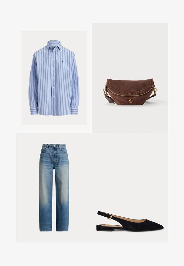 Lichtblauw overhemd met lange mouwen en knopen, met donkere verticale strepen en een klein geborduurd logo op de linkerborst.; Blauwe high-waist jeans met rechte pijpen, een vervaagd voorpand en klassiek ontwerp met vijf zakken, knoop- en ritssluiting.; Zwarte suède platte slingback met spitse neus, lage hak en verstelbare gouden gesp.; Bruine suède crossbodytas met gouden rits en RLL-logo, gedetailleerde randstiksels en verstelbare band met gouden hardware.