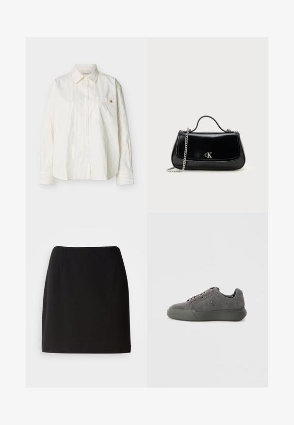 Camisa blanca de manga larga con botones, rayas verticales delgadas, cuello puntiagudo, bolsillo en el pecho frontal y pequeño logo dorado "cK" en el bolsillo.; Falda negra con una silueta ajustada, hecha de una tela suave. Presenta sutiles pliegues frontales y un diseño de longitud a mitad del muslo.; Zapatilla de suede gris oscuro con una superficie texturizada, suela de goma plana y cordones a tono. Presenta un logo grabado en un panel lateral.; Bolso de mano de cuero negro con correa de cadena, forma estructurada y un acento de logo plateado. Textura suave con cierre de solapa.