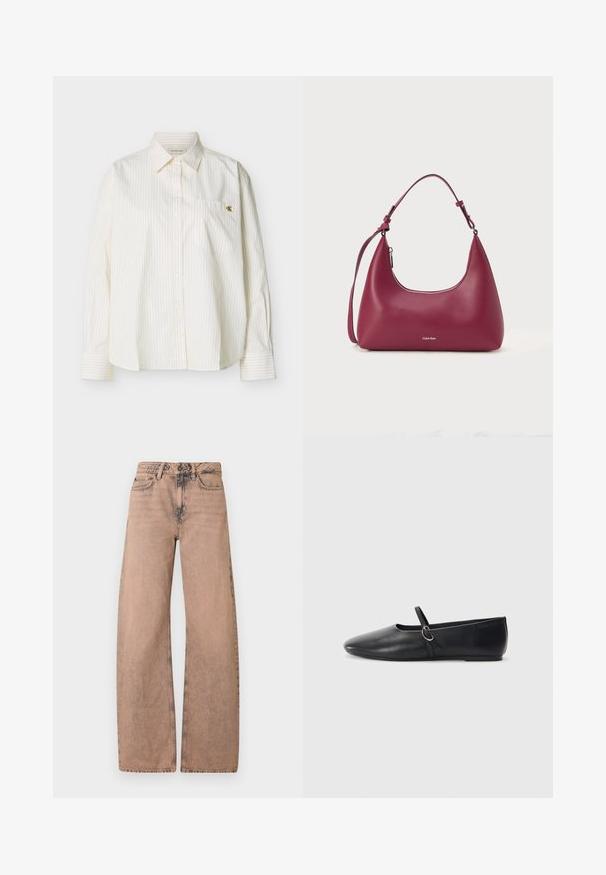 Camisa blanca de manga larga con botones, rayas verticales delgadas, cuello puntiagudo, bolsillo en el pecho frontal y pequeño logo dorado "cK" en el bolsillo.; Jeans de pernera ancha color marrón claro, hechos de denim, con una cinturilla clásica, diseño de cinco bolsillos y textura deslavada.; Bailarinas de cuero negro con punta afilada, suela plana y una pequeña correa con detalle de hebilla plateada.; Bolso de mano de cuero burdeos con forma curva, correa ajustable única y cierre de cremallera. Presenta un logo plateado en la parte frontal. Textura suave.