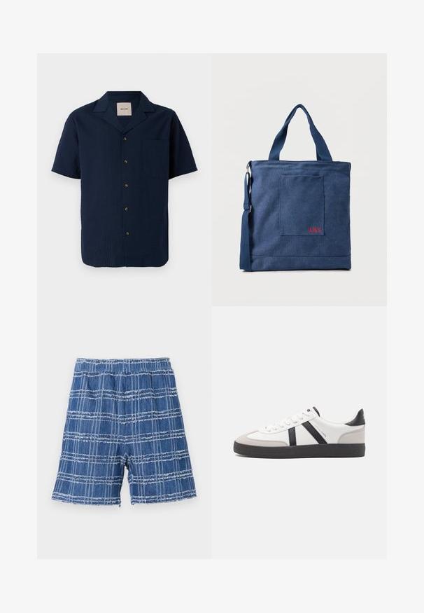Marineblauw kortemouwen shirt met een gestructureerd patroon, knoopsluiting en een enkele borstzak. Materiaal lijkt lichtgewicht en ademend te zijn.; Denim shorts met een rafelig zoom, met een blauw geruit patroon. Elastische tailleband, recht модел en zachte textuur.; Witte sneaker met zwarte en grijze accenten, voorzien van een grijze neus met textuur, zwarte rubberen zool en platte witte veters. Schoon ontwerp, minimalistische stijl.; Blauwe canvas tas met voorvak en rode "O.N.S" borduring, voorzien van dubbele handvatten en een verstelbare schouderriem.