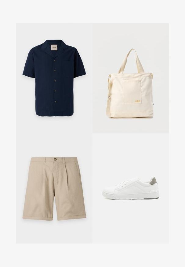 Camisa de manga corta azul marino con un patrón texturizado, cierre de botones y un bolsillo en el pecho. El material parece ligero y transpirable.; Pantalones cortos de lino beige con corte recto, que presentan pinzas delanteras, cierre de botón y detalles de dobladillo vuelto. Textura suave con diseño minimalista.; Zapatilla blanca con material de cuero liso, punta redonda, diseño minimalista, acento gris en el talón y suela de goma texturizada.; Bolsa tote de lona color crema con bolsillo delantero, dos asas, correa de hombro ajustable y pequeño texto amarillo "O.N.S" en la parte inferior derecha del bolsillo.