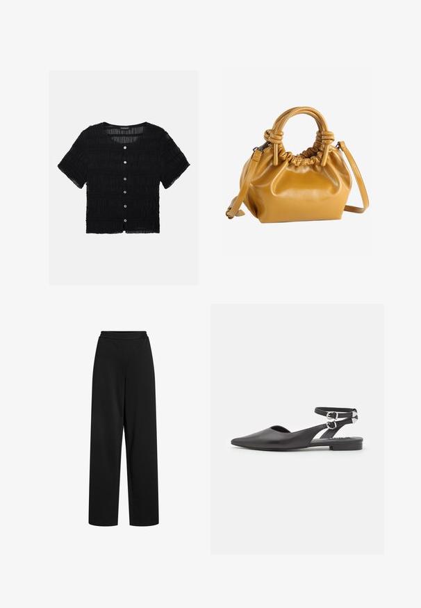 Schwarze Bluse mit kurzen Ärmeln, gerafftem Stoffmuster und sechs Knöpfen vorne, mit rundem Ausschnitt und kurzem Saum.; Schwarze, weit geschnittene Hose mit elastischem Bund, ohne sichtbare Muster oder Verzierungen, dargestellt vor einem schlichten weißen Hintergrund.; Schwarze Lederflats mit spitzem Zeh, Knöchelriemen und Schnallen-Detail. Verfügt über einen kleinen, niedrigen Absatz und ein offenes Seitendesign.; Gelbe Lederhandtasche mit gerafftem Design, runden Obergriffen und einem abnehmbaren Schultergurt. Glatte Textur und subtiler Glanz.