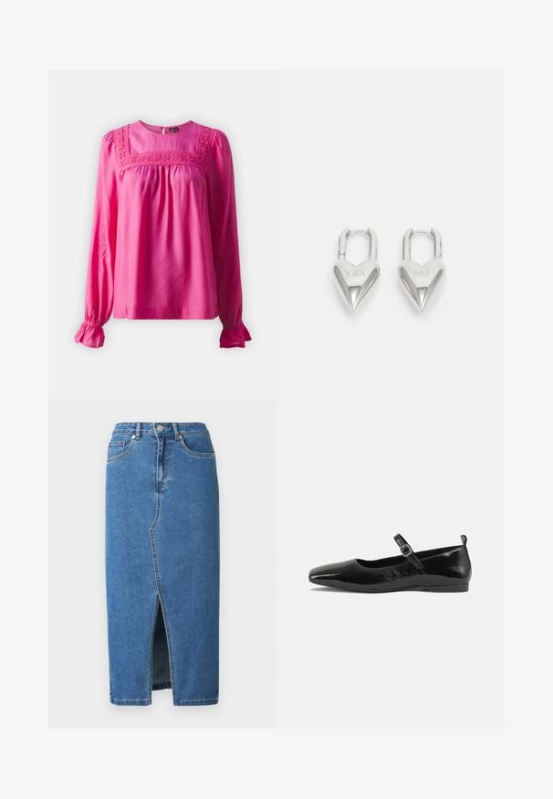 Blouse rose à manches longues avec des détails en dentelle le long du col, un corsage froncé et des poignets froncés, fabriquée en tissu léger.; Jupe midi en denim bleue. Elle présente une fente avant, une taille haute et un design à cinq poches. Coutures classiques et accents en métal.; Chaussure plate en cuir verni noir avec un bout pointu, une sangle de cheville avec boucles, et une texture lisse et brillante. Talon bas pour le confort.; Cadenas en forme de cœur en argent avec les inscriptions gravées "OUI" et "NON", finition polie, design symétrique et un robuste fermoir en métal.