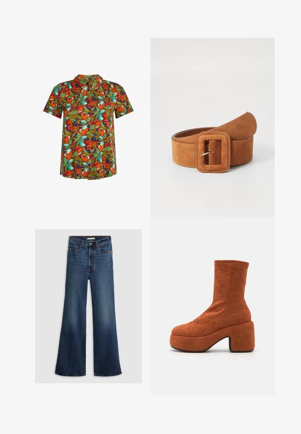 Korte mouwen overhemd met knopen, voorzien van een levendig patroon van oranje, groene en blauwgroene vruchten en bladeren op een donkere achtergrond.; Wijde jeans in donkerblauw denim, met een hoge taille, vijf zakken en contrasterend stiksel langs de naden en tailleband.; Bruine suède enkellaarsjes met een blokhak en plateauzool. Het bovenwerk heeft een gladde textuur en naaddetails, die tot halverwege de kuit reiken.; ONLY ONLKAIA - Riem - cognac
