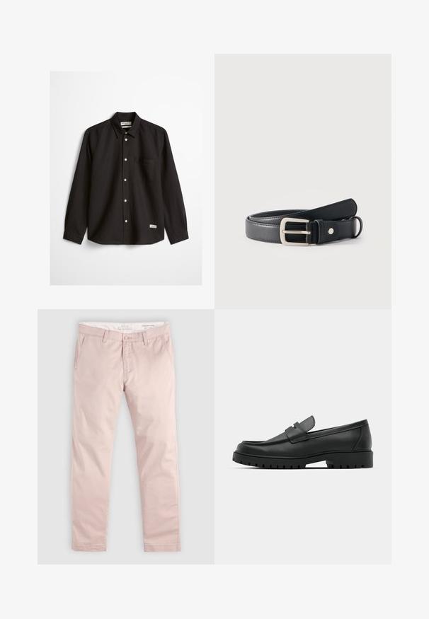 Chemise noire à manches longues avec boutons, une poche poitrine unique, un col pointu, et une petite étiquette blanche près de l'ourlet inférieur sur fond blanc.; Pantalon slim rose clair avec passants de ceinture, bouton frontal, fermeture éclair, et poches latérales en biais, posé à plat sur un fond clair.; Mocassins en cuir noir à bout arrondi, avec un design cousu, une semelle plateforme basse et une semelle en caoutchouc texturée et crantée.; Ceinture en cuir noir avec boucle rectangulaire argentée enroulée sur un fond blanc uni.