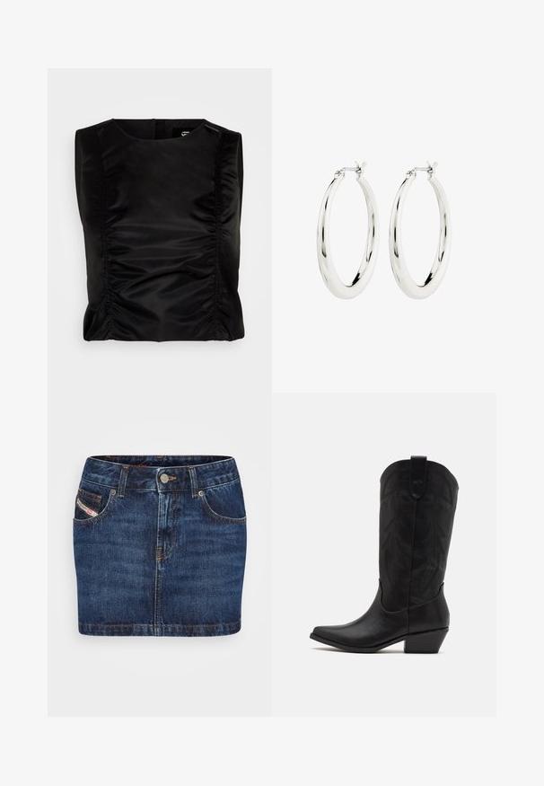 Haut sans manches noir avec une texture lisse et brillante. Présente des coutures latérales froncées pour une silhouette ajustée. Design simple avec un col rond.; Jupe en denim bleu foncé avec une coupe ajustée, cinq poches et des coutures orange. Inclut un système de fermeture à bouton métallique à la taille.; Botte de cowboy en cuir noir avec un bout pointu, un talon bas empilé et un motif de feuilles embossé complexe sur la tige. Boucle en haut pour un enfilage facile.; Boucles d'oreilles créoles en argent avec une finition lisse et brillante. Forme circulaire, dotée d'un fermoir sécurisé. Design simple et élégant.