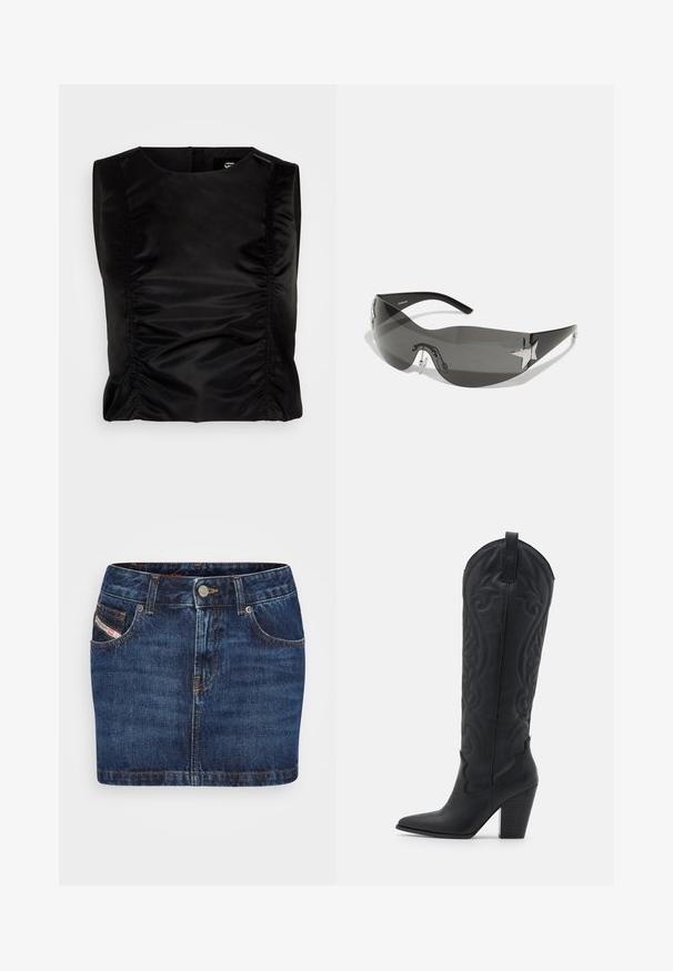 Haut sans manches noir avec une texture lisse et brillante. Présente des coutures latérales froncées pour une silhouette ajustée. Design simple avec un col rond.; Jupe en denim bleu foncé avec une coupe ajustée, cinq poches et des coutures orange. Inclut un système de fermeture à bouton métallique à la taille.; Zign by Zalando LEATHER - Bottes de cowboy / motard - black; Lunettes de soleil noires avec un design enveloppant, verres teintés foncés, accents brillants en forme d'étoile et plaquettes de nez ajustables.