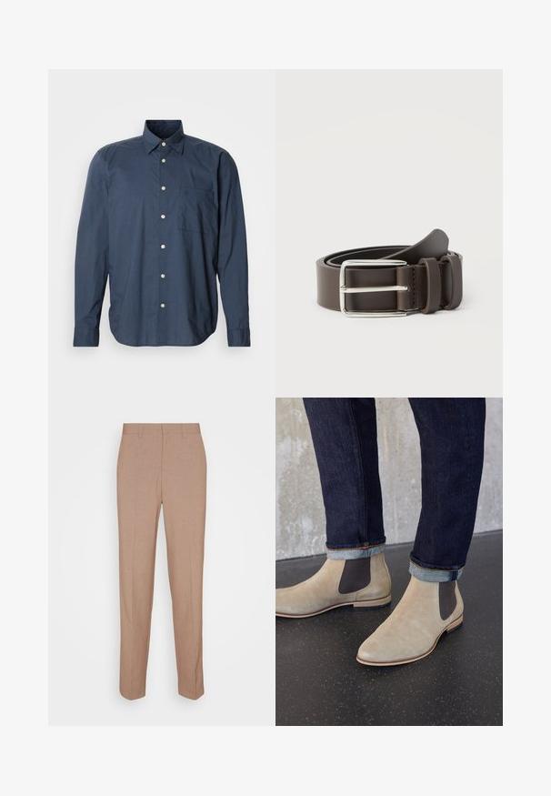 Camisa abotonada azul marino con mangas largas, pequeño patrón de cuadros, un bolsillo en el pecho y botones blancos sobre un fondo liso.; Pantalones beige a medida en una tela lisa y con textura. Corte recto con cintura y sin adornos ni bolsillos visibles.; Botas Chelsea de ante beige claro con paneles laterales elásticos oscuros, usadas con vaqueros oscuros remangados sobre un suelo negro moteado.; Cinturón de cuero marrón con una hebilla de metal plateado, con una textura suave y un diseño sencillo. Incluye una trabilla para ajuste y cierre.