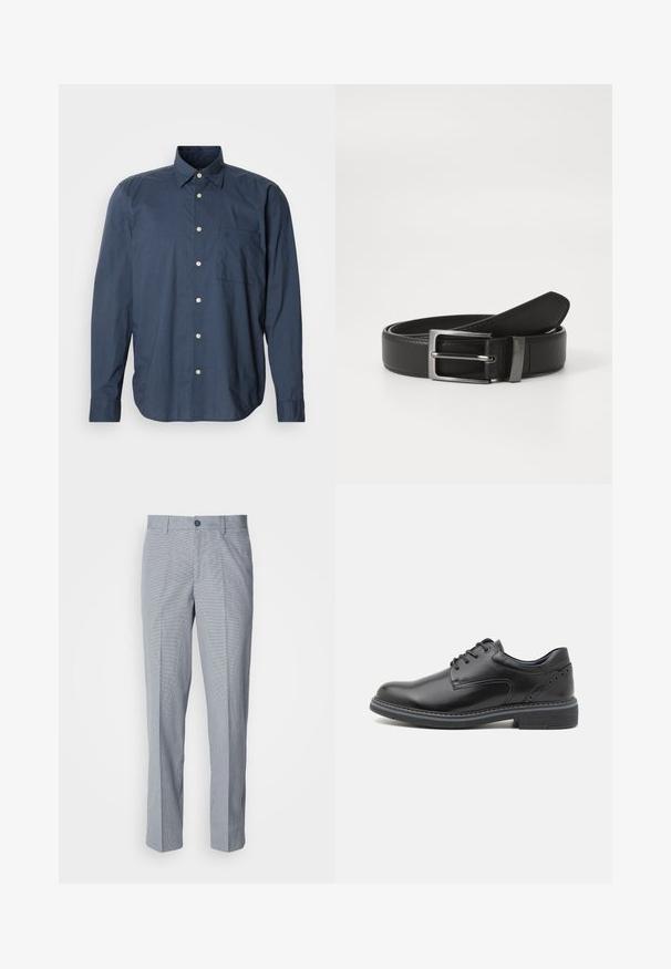 Camisa abotonada azul marino con mangas largas, pequeño patrón de cuadros, un bolsillo en el pecho y botones blancos sobre un fondo liso.; Pantalones de vestir a cuadros grises, ajuste entallado, con una textura de tela suave, frente plano y cierre de un botón.; Zapato de piel negra con cordones y acabado suave, punta redonda y tacón texturizado. Presenta ojales azules en contraste y costuras decorativas.; Cinturón de cuero negro con hebilla de metal plateada, que presenta un acabado suave y un diseño clásico. El cinturón está neatly doblado.