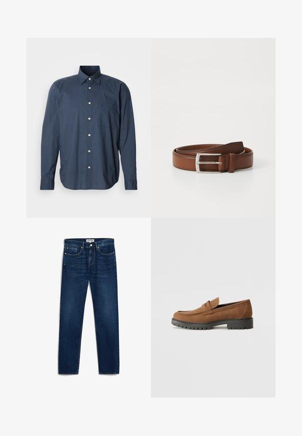 Marineblaue Hemd mit langen Ärmeln, kleinem Karomuster, einer Brusttasche und weißen Knöpfen auf einem schlichten Hintergrund.; Dunkelblaue Jeans aus Denim mit geradem Schnitt, fünf Taschen und Kontrastnähten. Mit Knopfverschluss und Reißverschluss.; Braune Wildlederslipper mit runder Zehenpartie und einer niedrigen schwarzen Gummisohle, die über einen dekorativen Riemen und Nähte auf dem Obermaterial verfügt.; Brauner Ledergürtel mit glatter Oberfläche, ausgestattet mit einer silbernen Metallschnalle und feinen Nähten entlang der Kanten. Klassisches und robustes Design.