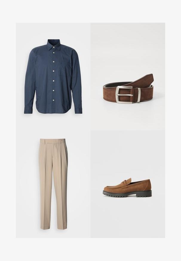 Chemise bleu marine à manches longues, à motif à petits carreaux, avec une poche poitrine unique et des boutons blancs sur fond uni.; Pantalon beige taille haute à plis, coupe droite, avec une texture lisse et sans ornements ni motifs visibles.; Mocassins en daim marron avec un bout arrondi et une semelle noire en caoutchouc basse, présentant une sangle décorative et des détails de couture sur le dessus.; Ceinture en suède marron avec une boucle en métal argenté et des détails de coutures linéaires. La ceinture est plate et a une largeur et une forme classiques.
