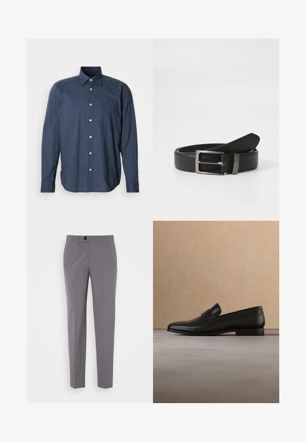 Camisa abotonada azul marino con mangas largas, pequeño patrón de cuadros, un bolsillo en el pecho y botones blancos sobre un fondo liso.; Pantalones grises a medida con una textura suave, diseño de pierna recta, cierre de un solo botón y bolsillos frontales. Sin patrones ni acentos visibles.; Zapato mocasín de cuero negro suspendido en el aire sobre una alfombra beige con un sofá beige de fondo.; Cinturón de cuero negro con hebilla de metal plateada, que presenta un acabado suave y un diseño clásico. El cinturón está neatly doblado.
