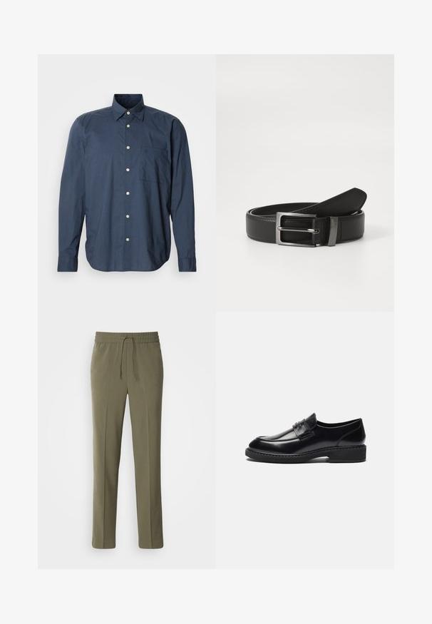 Camisa abotonada azul marino con mangas largas, pequeño patrón de cuadros, un bolsillo en el pecho y botones blancos sobre un fondo liso.; Pantalones de color verde oliva, ligeros, con cintura elástica y cordón ajustable; diseño de pierna recta y textura suave.; Zign by Zalando LEATHER - Mocasines elegantes - black; Cinturón de cuero negro con hebilla de metal plateada, que presenta un acabado suave y un diseño clásico. El cinturón está neatly doblado.